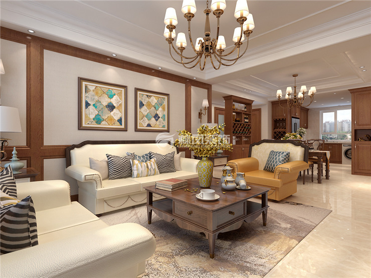 万科圣丰翡翠之光140㎡美式风格客厅装修效果图