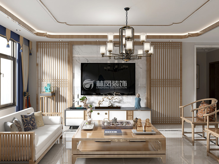 万科圣丰翡翠之光160㎡新中式风格客厅装修效果图